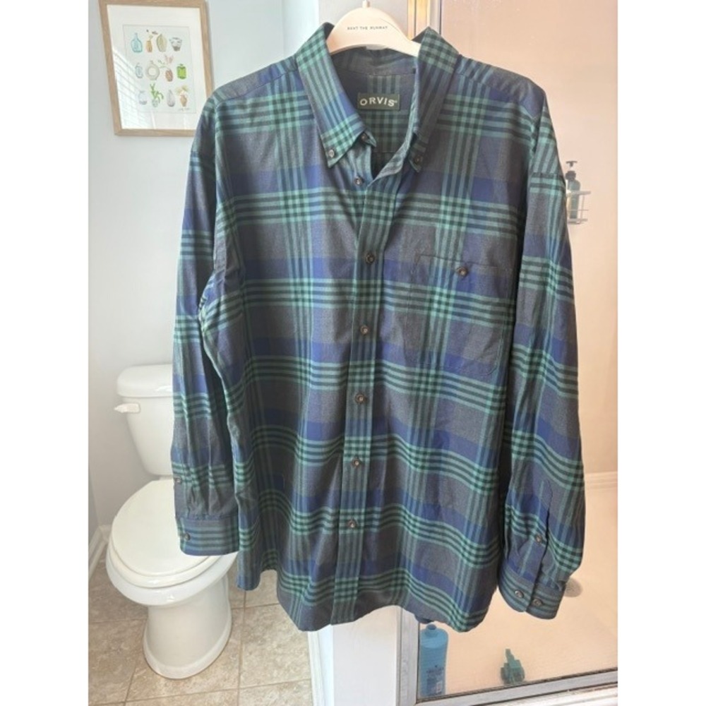 Orvis Signature Twill Men's XXL Plaid Shirt Blue Green 100% Cotton Button Down